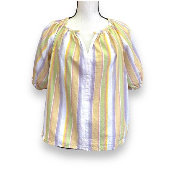 Roller Rabbit Blouse Women’s Sz Pastel Rainbow Stripe Short Puff Sleeve Cotton - Picture 1 of 12